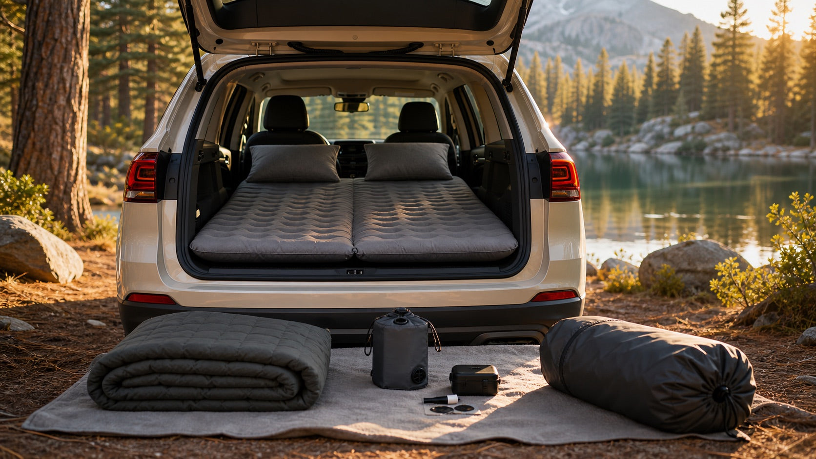 Vehicle campsite sleep setup beside a mountain lake