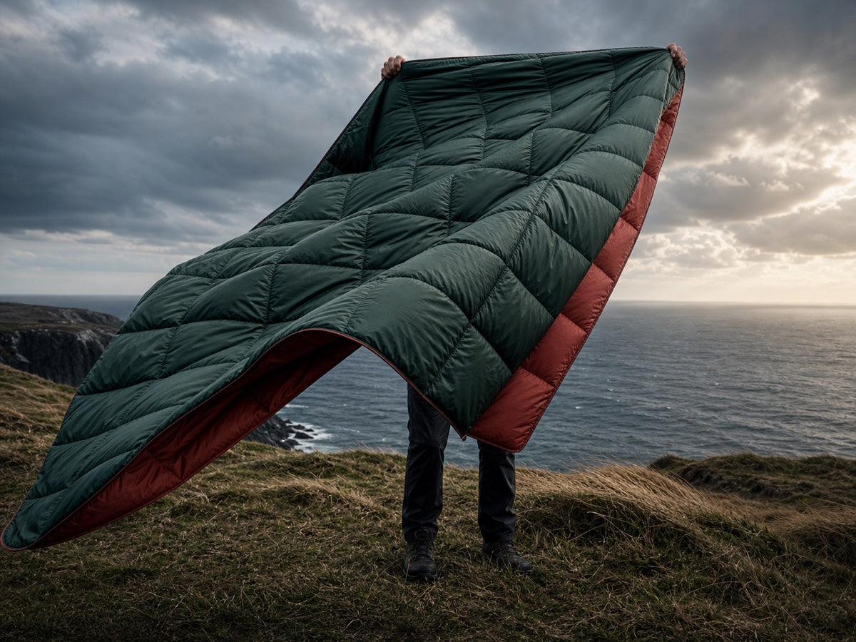 Reversible camping quilt opening in the wind above a coastal headland