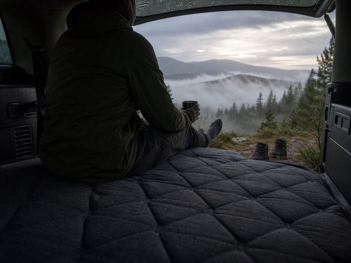 Camper seated on an SUV mattress overlooking a misty mountain valley