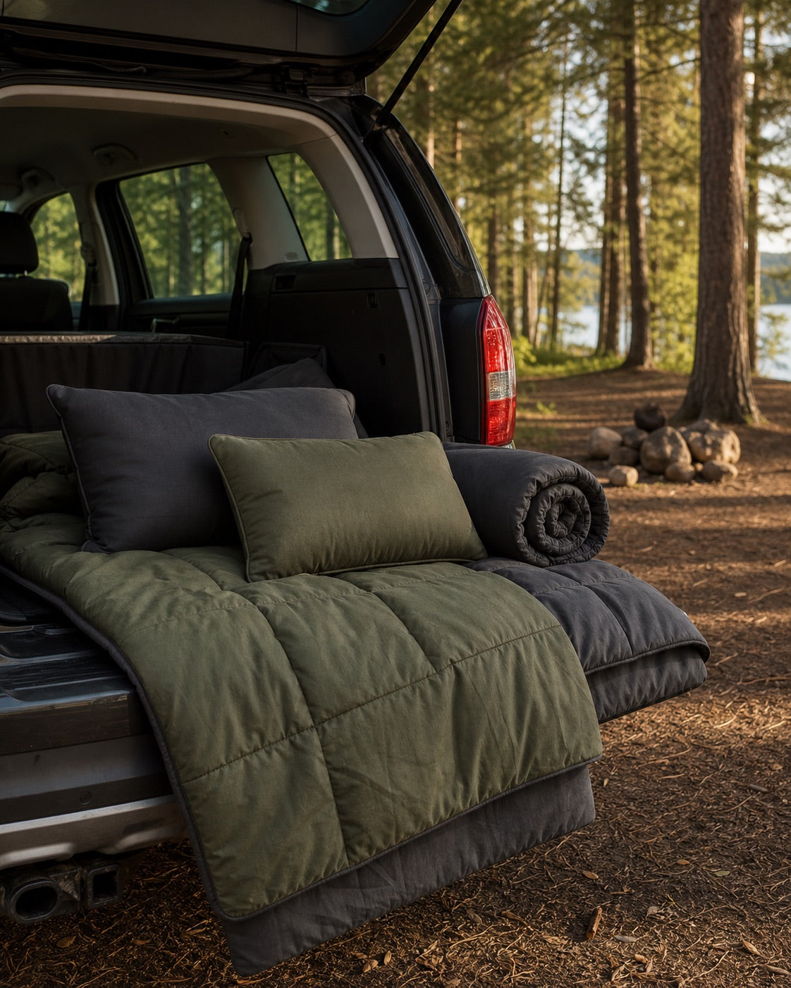 Camp blankets and pillows arranged at a vehicle campsite