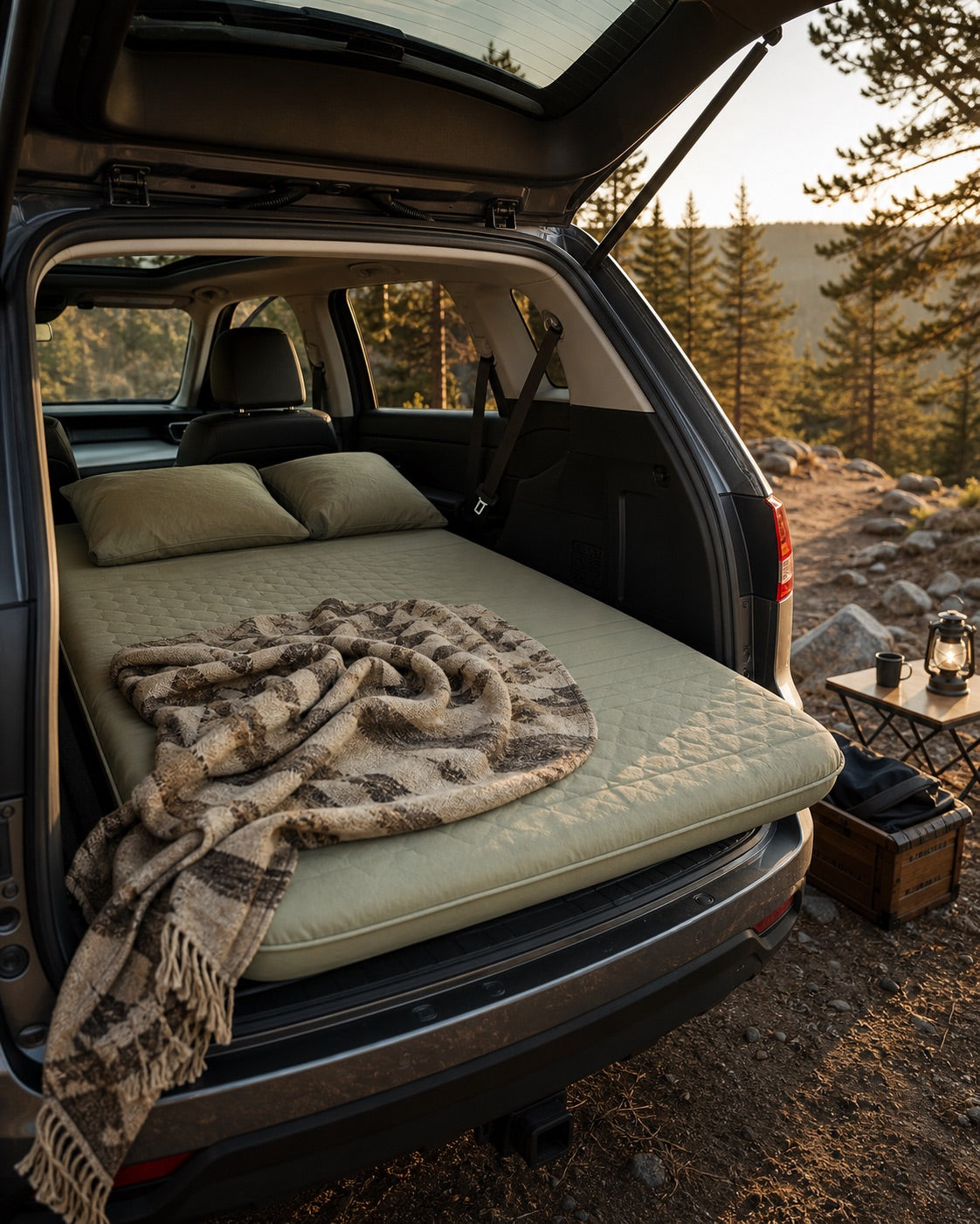 Prepared vehicle sleeping area at a campsite