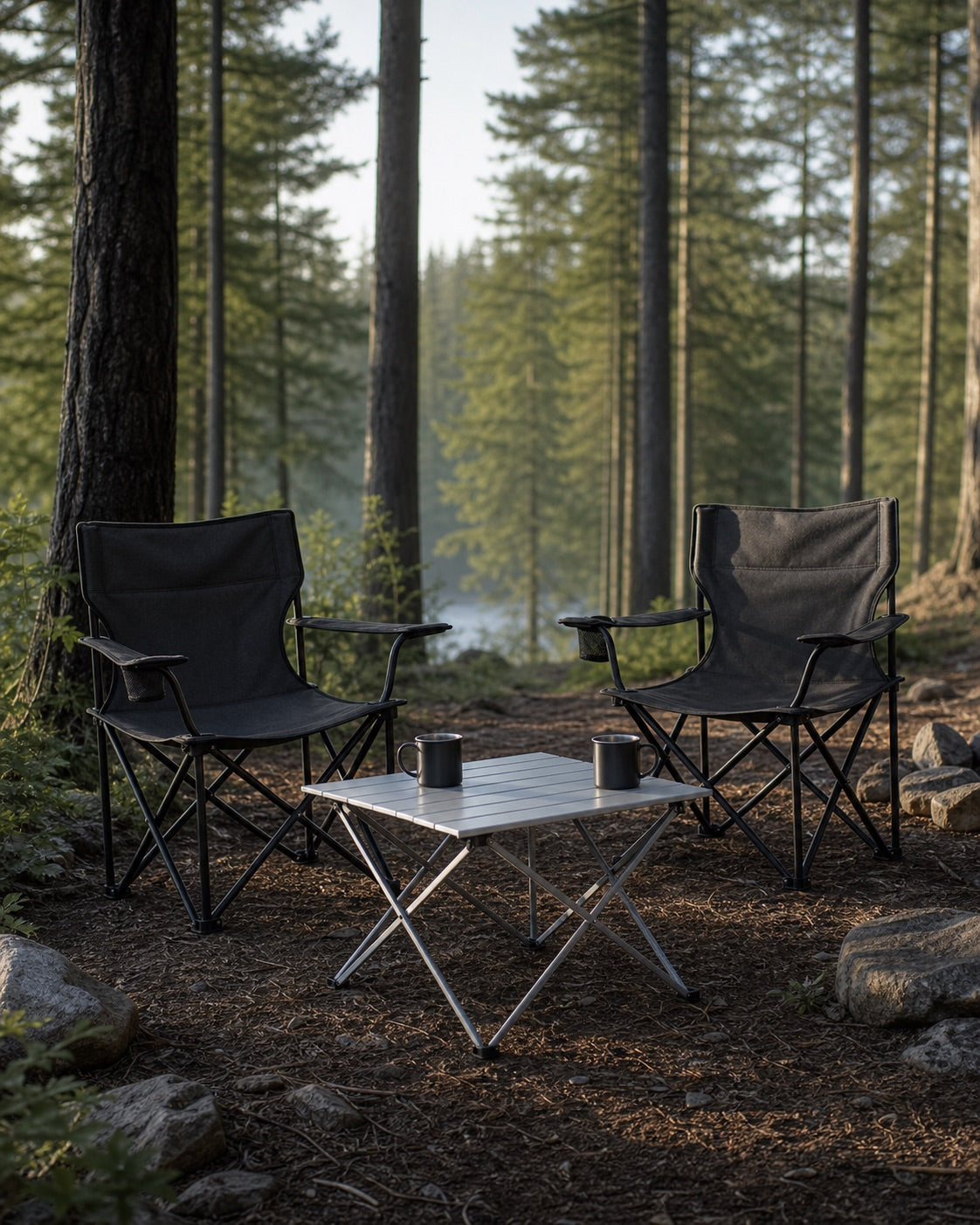 Folding chairs and compact table at a forest campsite