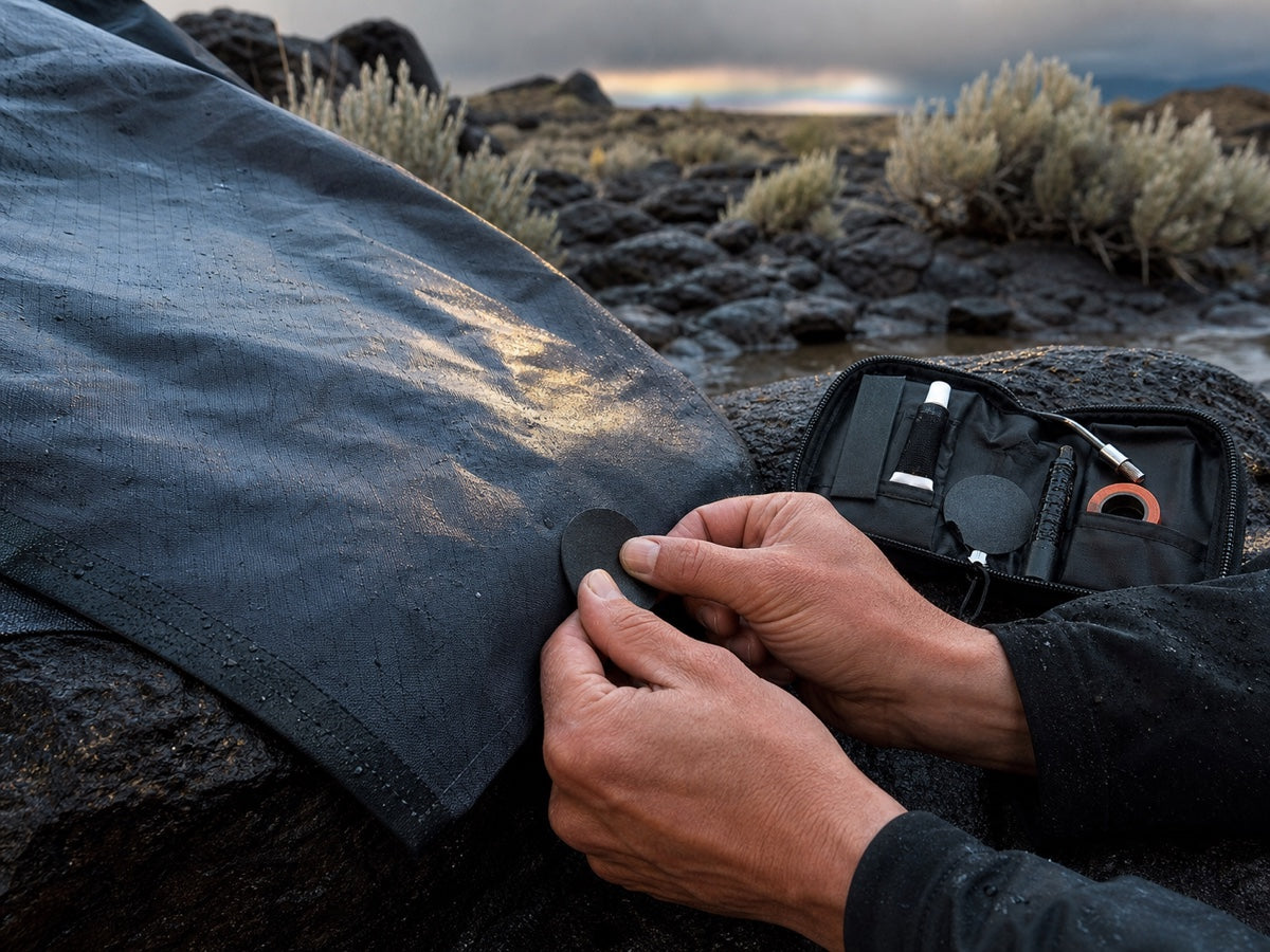 Hands applying a repair patch to a wet camping ground mat