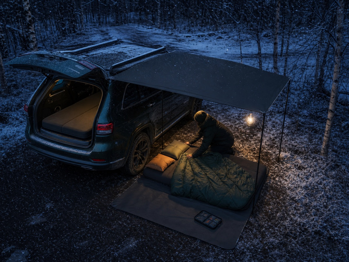 Complete car camping sleep system under an SUV awning in light snow