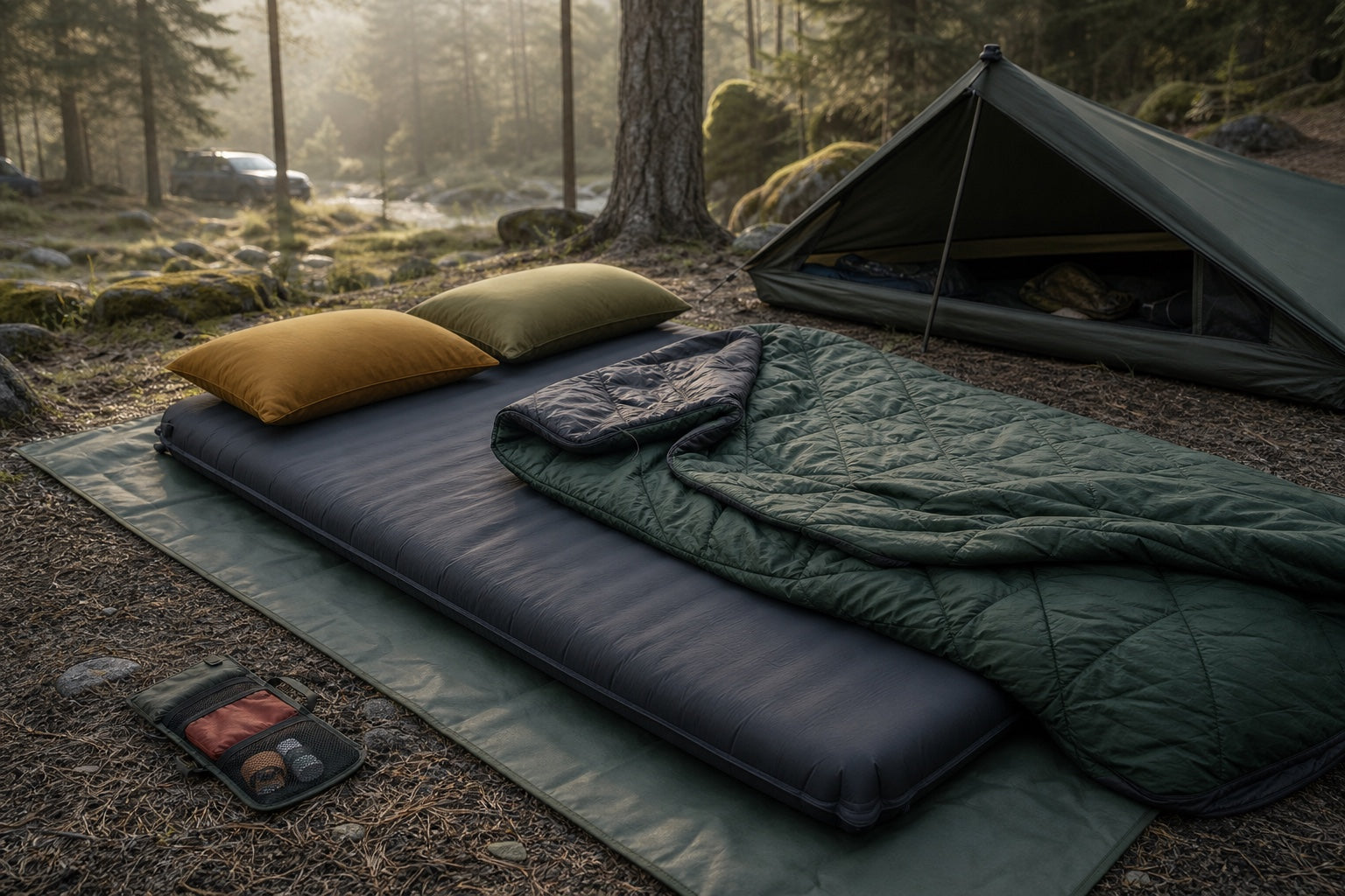 Complete outdoor sleep system with double camping pad, quilt, two pillows, ground mat, and repair pouch